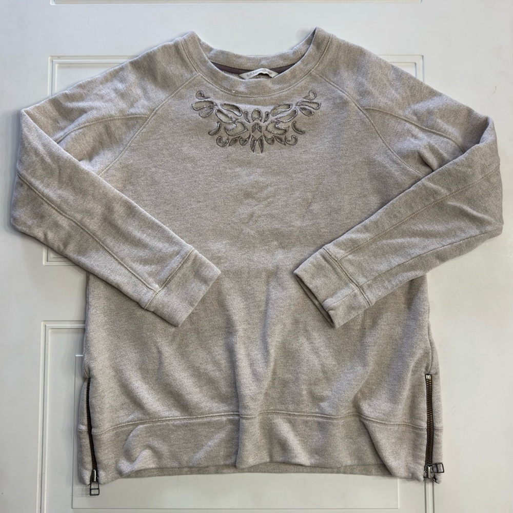 Soft Surrounding Womens Sz M Tan Side Zip Floral Cutout Crewneck Sweatshirt